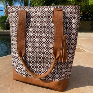 New Handmade Brown White Woven & Leather Tote Bag
